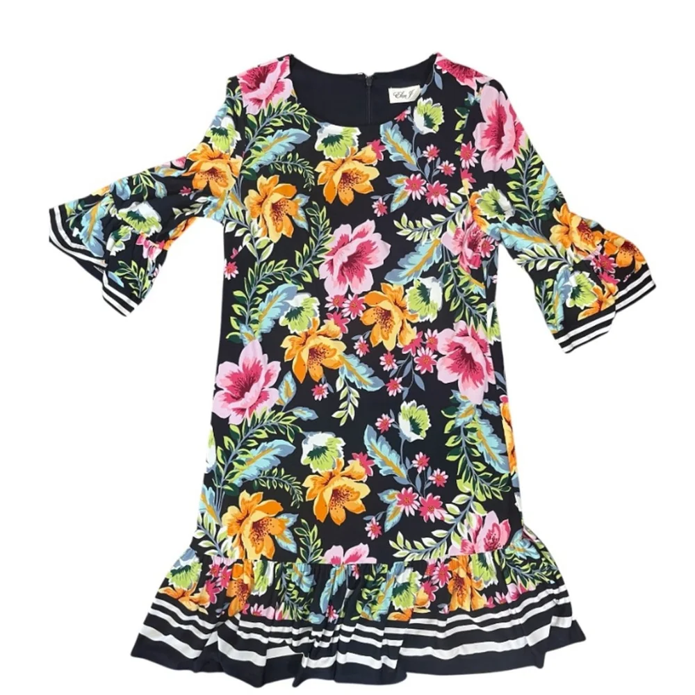 Eliza J Floral shift dress . 3/4 quarter sleeves colorful lined Women size 14 - Picture 2 of 13